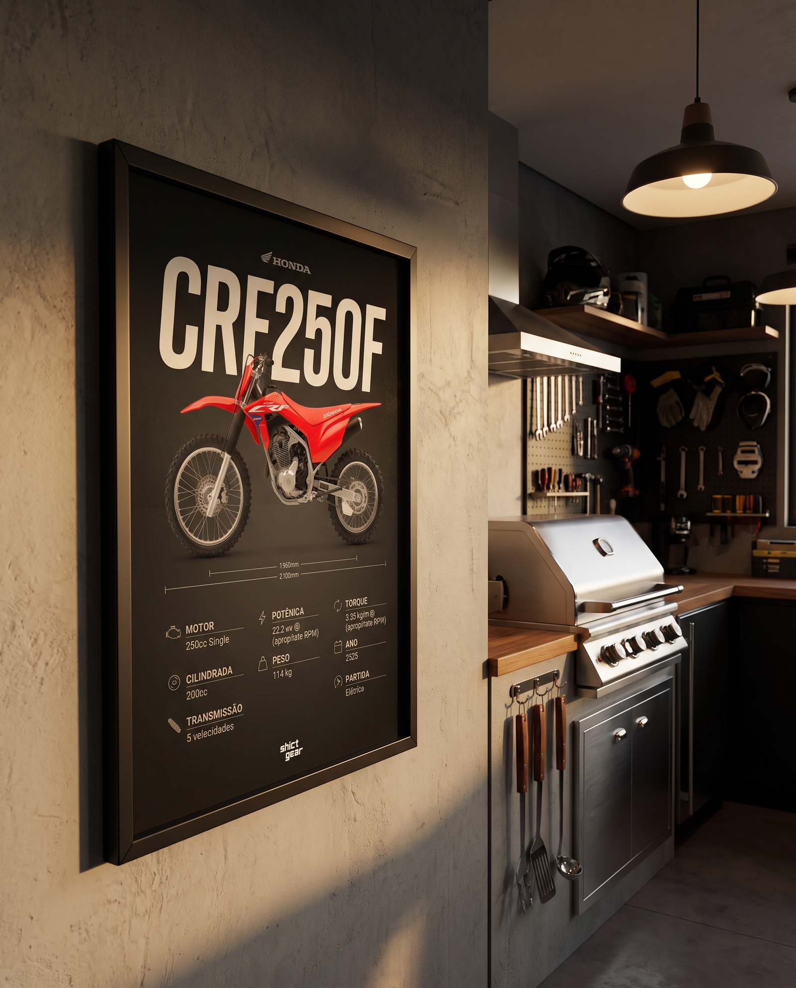 Quadro Blueprint CRF250 pendurado na parede