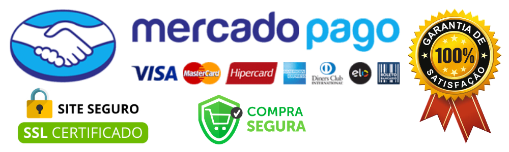 Site seguro · Pagamento via Mercado Pago · Visa, Mastercard, Hipercard, American Express, Diners, Elo e Boleto · SSL certificado · Compra segura · Garantia de 100% de satisfação