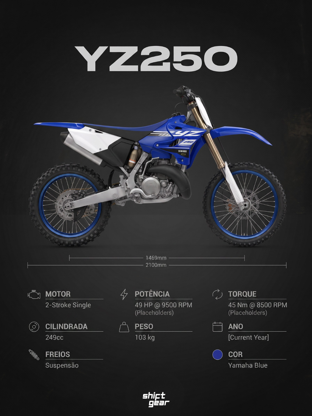 Quadro Blueprint YZ250, pôster completo emoldurado
